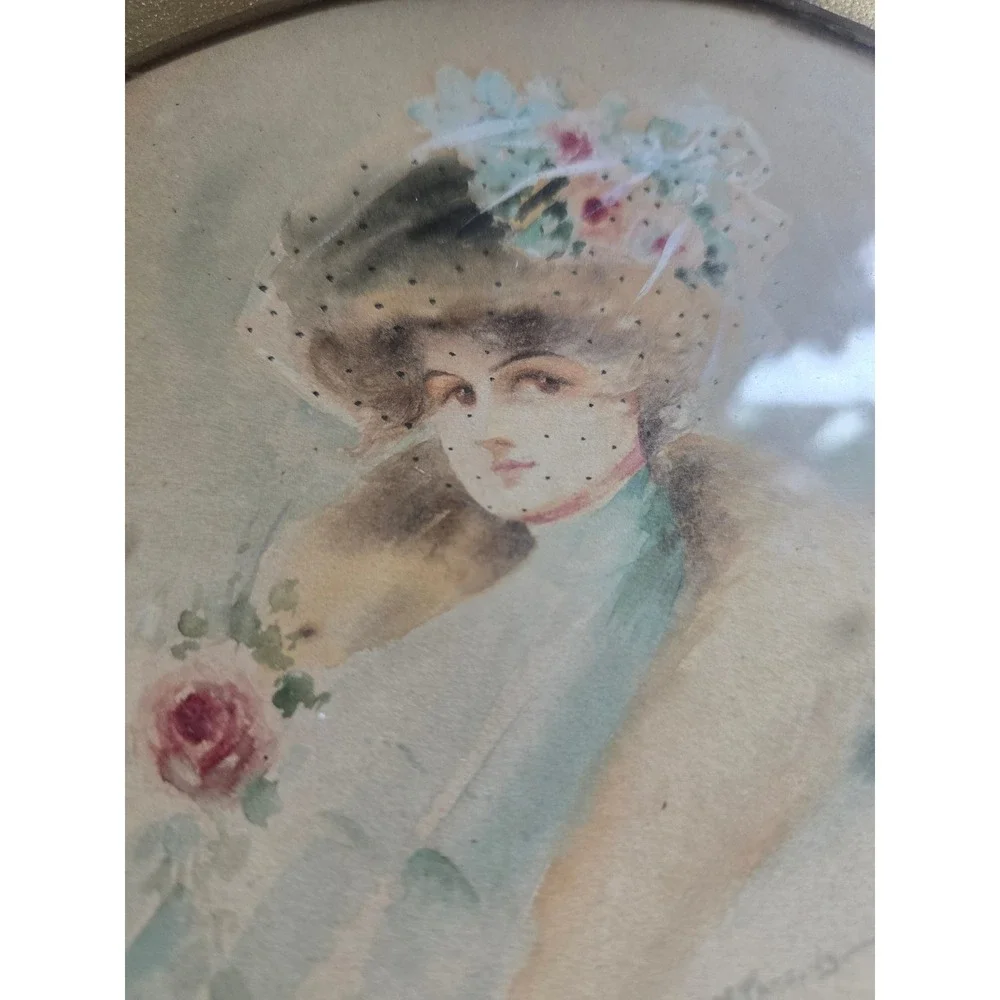 Antique Edwardian Gibson Girl Portrait Miniature Florentine Gilt Round Frame Art